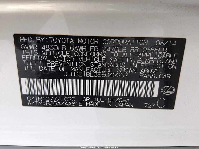 2014 Lexus Gs VIN JTHBE1BL3E5042257 IAAI salvage auction — RIGHT FRONT, Salvage Title, sold $2,250 on 2026-07-09 (photo 9)