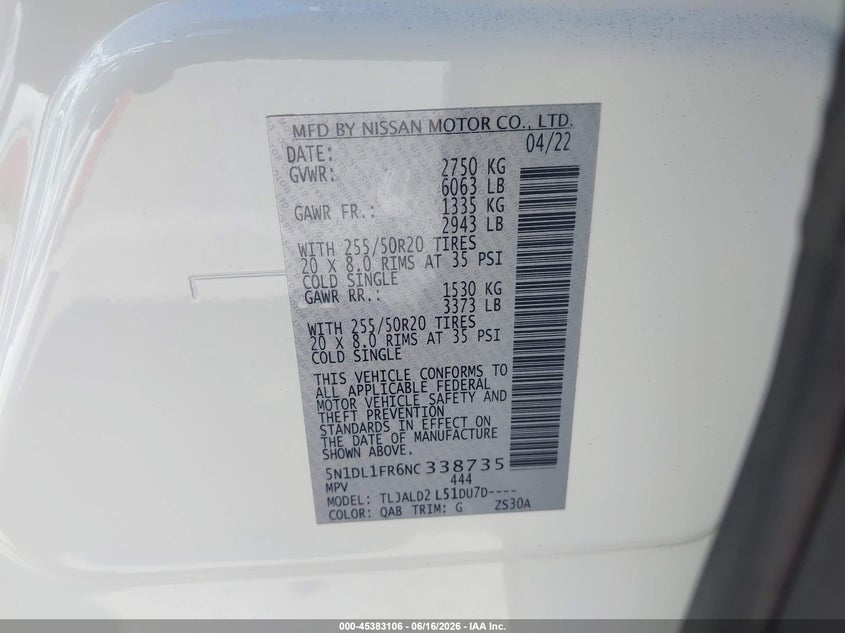 2022 Infiniti Qx60 VIN 5N1DL1FR6NC338735 IAAI salvage auction — FRONT END, Salvage (California), sold $7,350 on 2026-07-16 (photo 9)