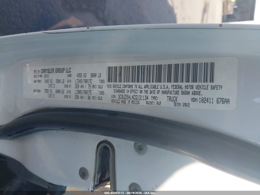 2012 Ram 2500 VIN 3C6UD5HL4CG131134 IAAI salvage auction — ROLLOVER, Salvage Title, sold $2,150 on 2026-07-18 (photo 9)