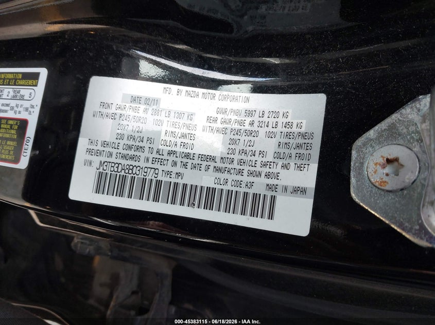 2011 Mazda Cx-9 VIN JM3TB3DA8B0319779 IAAI salvage auction — RIGHT SIDE, Clear (Michigan), sold $1,150 on 2026-07-20 (photo 9)