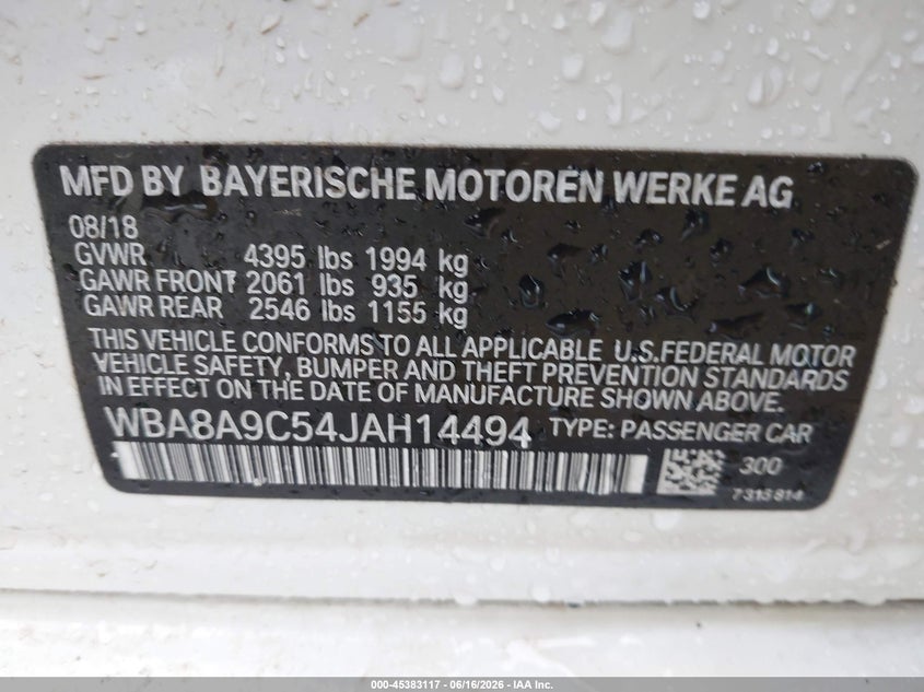 2018 BMW 3er VIN WBA8A9C54JAH14494 IAAI salvage auction — FRONT END, Original (Texas), sold $1,250 on 2026-08-19 (photo 9)