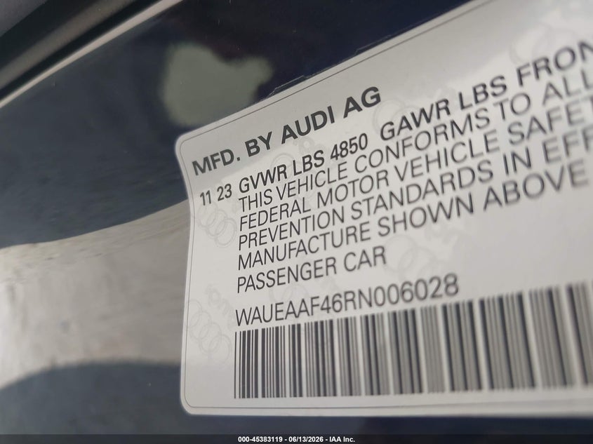 2024 Audi A4 VIN WAUEAAF46RN006028 IAAI salvage auction — FRONT END, Original (Texas), sold $11,500 on 2026-07-15 (photo 9)