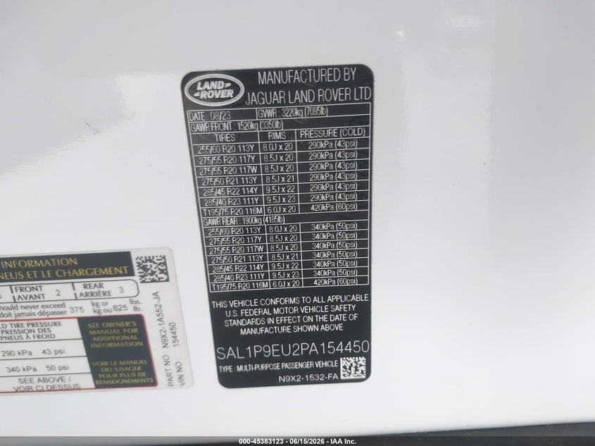 2023 Land rover Range rover sport VIN SAL1P9EU2PA154450 IAAI salvage auction — RIGHT FRONT, Rebuildable (Florida), sold $32,500 on 2026-07-27 (photo 9)
