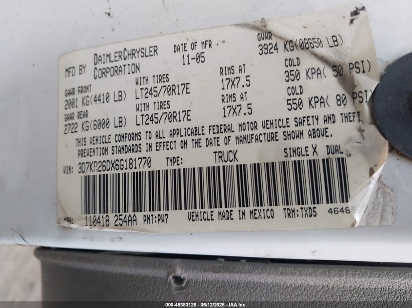 2006 Dodge Ram 2500 VIN 3D7KR26DX6G181770 IAAI salvage auction — FRONT END, Clear (Mississippi), sold $550 on 2026-07-09 (photo 9)