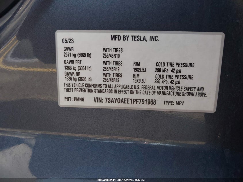 2023 Tesla Model y VIN 7SAYGAEE1PF791968 IAAI salvage auction — RIGHT SIDE, Rebuildable (Florida), sold $13,550 on 2026-07-16 (photo 9)