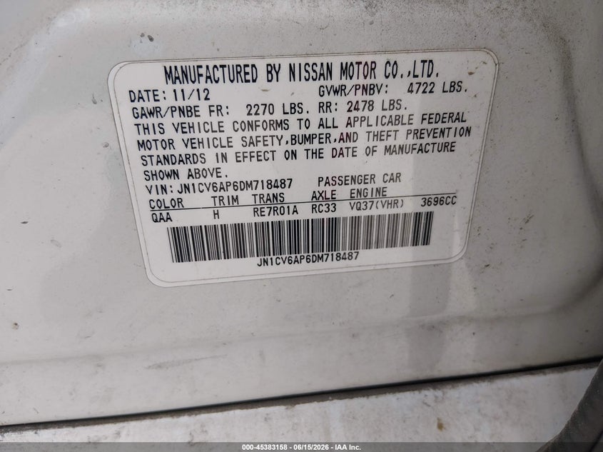 2013 Infiniti G VIN JN1CV6AP6DM718487 IAAI salvage auction — NORMAL WEAR, Original (Texas), sold $450 on 2026-07-13 (photo 9)