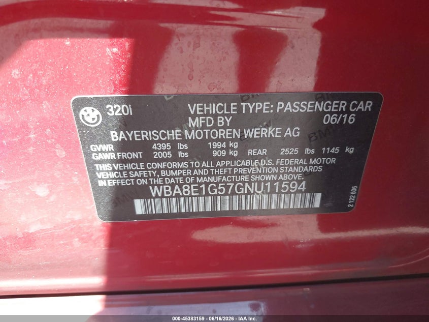 2016 BMW 3er VIN WBA8E1G57GNU11594 IAAI salvage auction — REAR END, Salvage (Nevada), sold $2,200 on 2026-08-21 (photo 9)