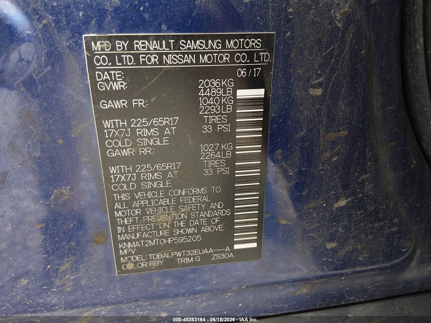 2017 Nissan Rogue VIN KNMAT2MT0HP595205 IAAI salvage auction — RIGHT SIDE, Salvage (Louisiana), sold $1,700 on 2026-07-08 (photo 9)