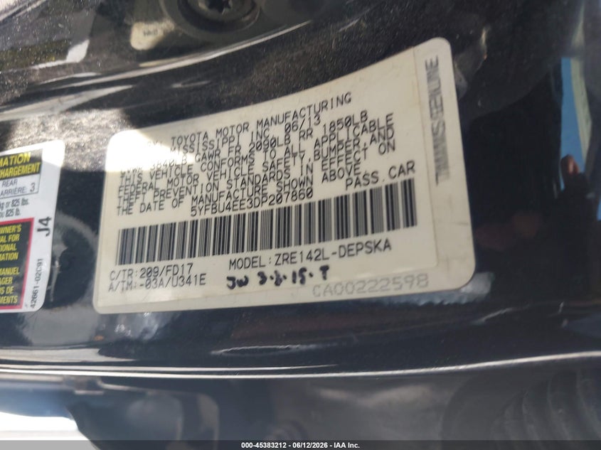 2013 Toyota Corolla VIN 5YFBU4EE3DP207860 IAAI salvage auction — LEFT FRONT, Salvage (California), sold $2,350 on 2026-07-08 (photo 9)