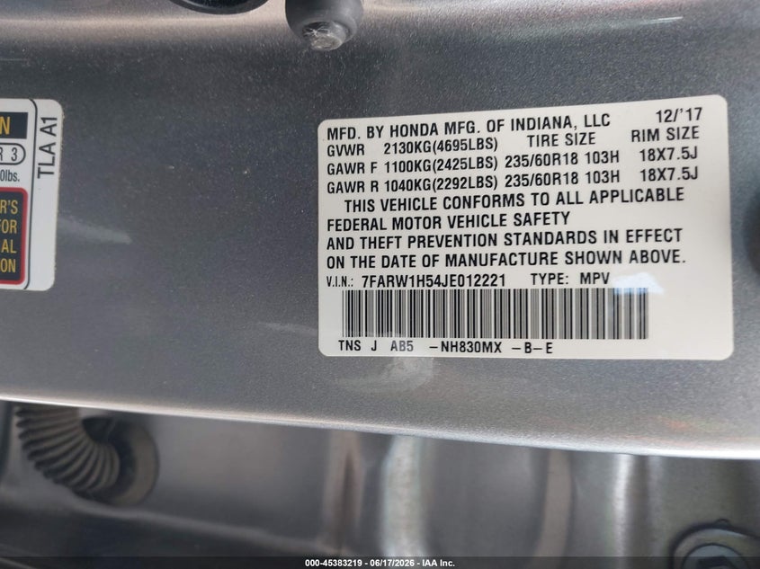 2018 Honda Cr-v VIN 7FARW1H54JE012221 IAAI salvage auction — REAR END, Salvage (Tennessee), sold $5,700 on 2026-07-09 (photo 9)