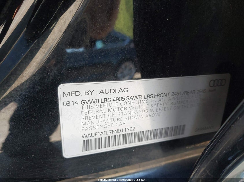 2015 Audi A4 VIN WAUFFAFL7FN011392 IAAI salvage auction — LEFT REAR, Salvage (New Jersey), sold $2,500 on 2026-07-27 (photo 9)