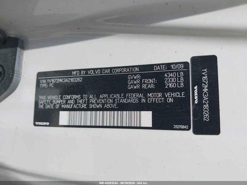 2010 Volvo C30 VIN YV1672MK3A2183262 IAAI salvage auction — FRONT & REAR, Salvage (Texas), sold $850 on 2026-07-14 (photo 9)