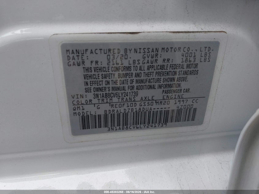 2020 Nissan Sentra VIN 3N1AB8CV6LY241739 IAAI salvage auction — FRONT END, Salvage (Virginia), sold $2,200 on 2026-07-23 (photo 9)