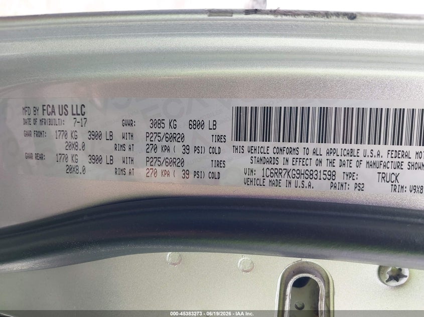 2017 Ram 1500 VIN 1C6RR7KG9HS831598 IAAI salvage auction — SIDE, Salvage Certificate (California), sold $3,250 on 2026-07-12 (photo 9)