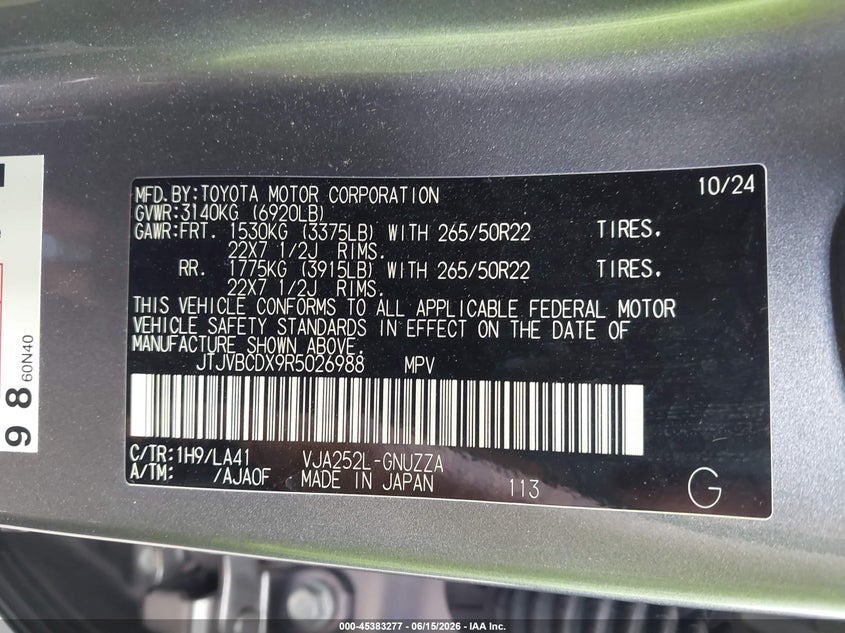 2024 Lexus Gx VIN JTJVBCDX9R5026988 IAAI salvage auction — RIGHT FRONT, Wait Title, sold $50,750 on 2026-08-10 (photo 9)
