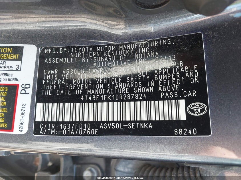2013 Toyota Camry VIN 4T4BF1FK1DR287824 IAAI salvage auction — FRONT END, Salvage (Illinois), sold $475 on 2026-07-22 (photo 9)