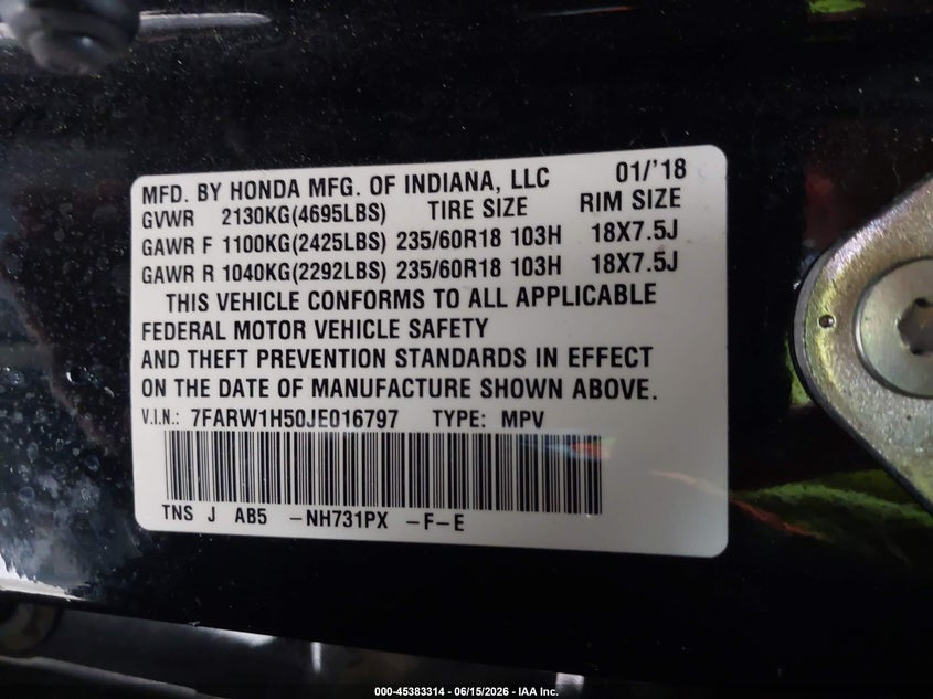 2018 Honda Cr-v VIN 7FARW1H50JE016797 IAAI salvage auction — SIDE, Salvage (Texas), sold $4,550 on 2026-07-29 (photo 9)