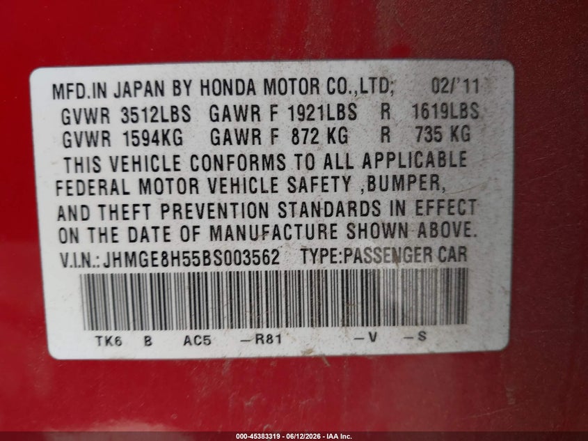 2011 Honda Fit VIN JHMGE8H55BS003562 IAAI salvage auction — FRONT END, Salvage (California), sold $525 on 2026-07-08 (photo 9)