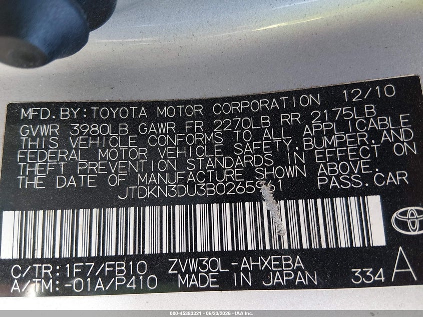 2011 Toyota Prius VIN JTDKN3DU3B0265961 IAAI salvage auction — NORMAL WEAR, Original (Ohio), sold $925 on 2026-07-29 (photo 9)