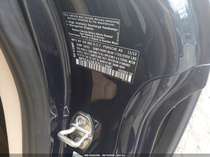 2013 Porsche Boxster VIN WP0CA2A83DS113980 IAAI salvage auction — FRONT END, Salvage (Rhode Island), sold $1,650 on 2026-07-28 (photo 9)
