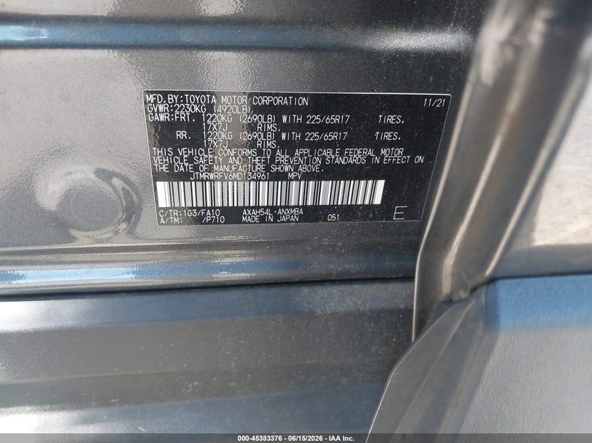 2021 Toyota Rav 4 VIN JTMRWRFV6MD134961 IAAI salvage auction — REAR END, Salvage Title, sold $6,800 on 2026-07-23 (photo 9)