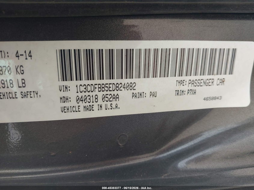 2014 Dodge Dart VIN 1C3CDFBB5ED824082 IAAI salvage auction — WATER/FLOOD, Salvage Title, sold $300 on 2026-07-30 (photo 9)
