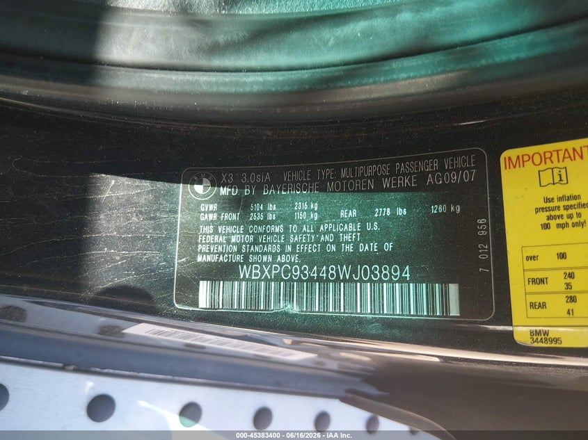 2008 BMW X3 VIN WBXPC93448WJ03894 IAAI salvage auction — FRONT END, Salvage (Colorado), sold $350 on 2026-08-04 (photo 9)