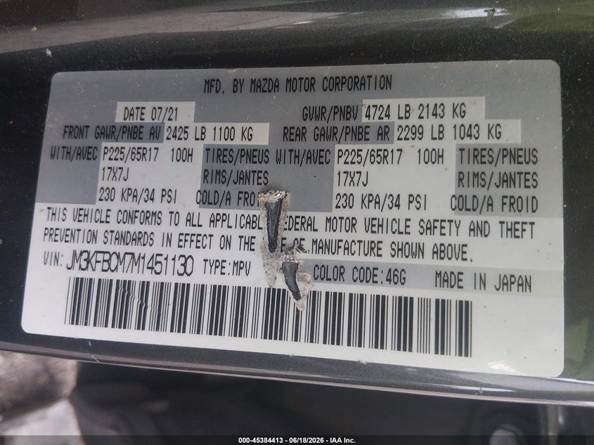 2021 Mazda Cx-5 VIN JM3KFBCM7M1451130 IAAI salvage auction — FRONT END, Salvage Title, sold $7,100 on 2026-07-18 (photo 9)