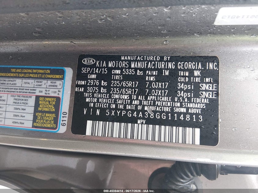2016 Kia Sorento VIN 5XYPG4A38GG114813 IAAI salvage auction — FRONT END, Salvage (South Carolina), sold $1,150 on 2026-07-18 (photo 9)