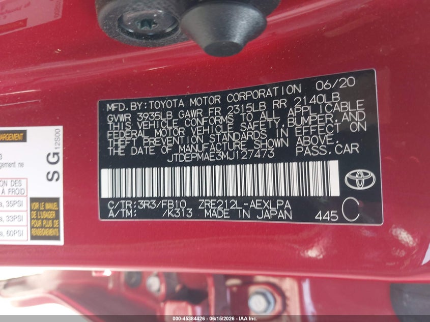 2021 Toyota Corolla VIN JTDEPMAE3MJ127473 IAAI salvage auction — FRONT END, Salvage (Georgia), sold $4,650 on 2026-07-21 (photo 9)