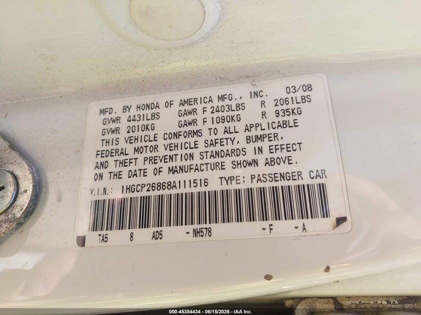 2008 Honda Accord VIN 1HGCP26868A111516 IAAI salvage auction — NORMAL WEAR, Clear (Illinois), sold $450 on 2026-07-19 (photo 9)