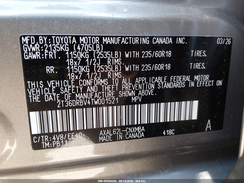 2026 Toyota Rav 4 VIN 2T36DRBV4TW001521 IAAI salvage auction — HAIL, Salvage Title, sold $23,100 on 2026-07-29 (photo 9)