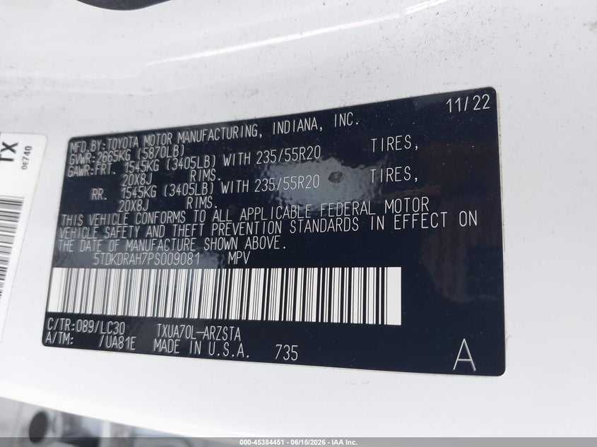2023 Toyota Highlander VIN 5TDKDRAH7PS009081 IAAI salvage auction — RIGHT FRONT, Salvage Certificate (California), sold $10,650 on 2026-07-08 (photo 9)