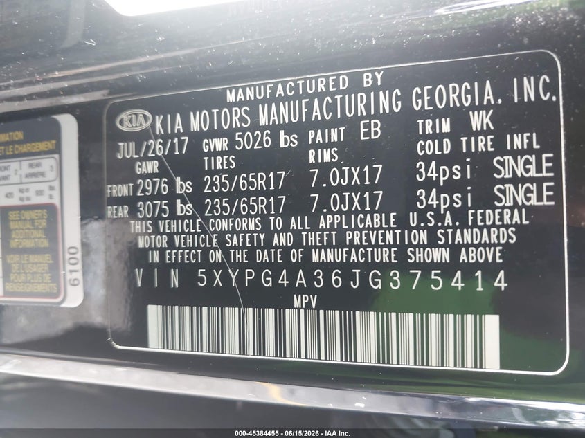 2018 Kia Sorento VIN 5XYPG4A36JG375414 IAAI salvage auction — REAR END, Rebuildable (Florida), sold $2,550 on 2026-07-13 (photo 9)