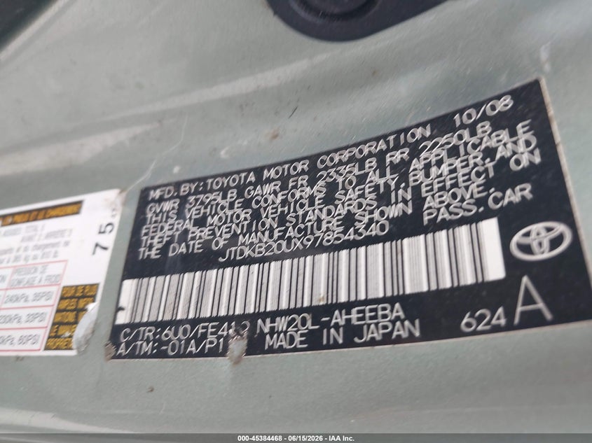 2009 Toyota Prius VIN JTDKB20UX97854340 IAAI salvage auction — NORMAL WEAR, Original (Texas), sold $550 on 2026-07-29 (photo 9)