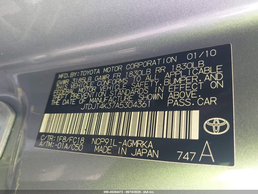 2010 Toyota Yaris VIN JTDJT4K37A5304361 IAAI salvage auction — NORMAL WEAR, Clear (Georgia), sold $900 on 2026-07-29 (photo 9)