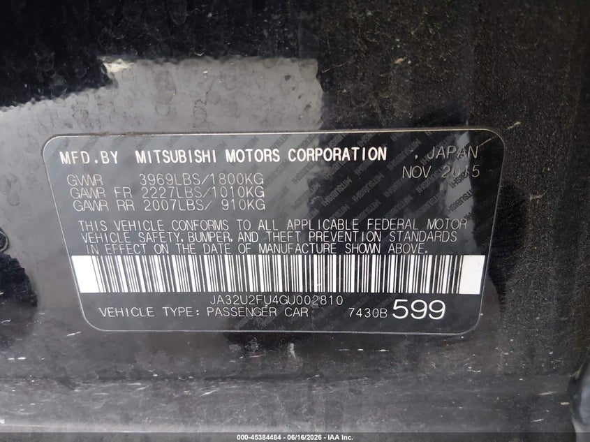 2016 Mitsubishi Lancer VIN JA32U2FU4GU002810 IAAI salvage auction — FRONT END, Bill Of Sale (Washington), sold $550 on 2026-07-08 (photo 9)