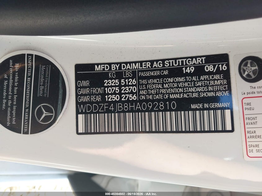 2017 Mercedes-benz E-klasse VIN WDDZF4JB8HA092810 IAAI salvage auction — REAR END, Salvage (California), sold $2,350 on 2026-07-29 (photo 9)