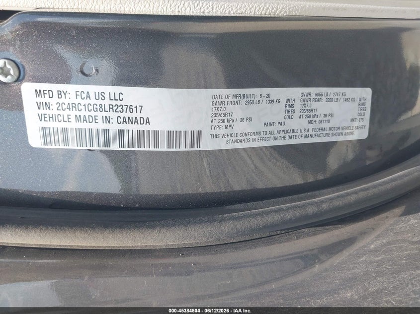 2020 Chrysler Voyager VIN 2C4RC1CG8LR237617 IAAI salvage auction — NORMAL WEAR, Sf97 (New Jersey), sold $25 on 2026-07-21 (photo 9)