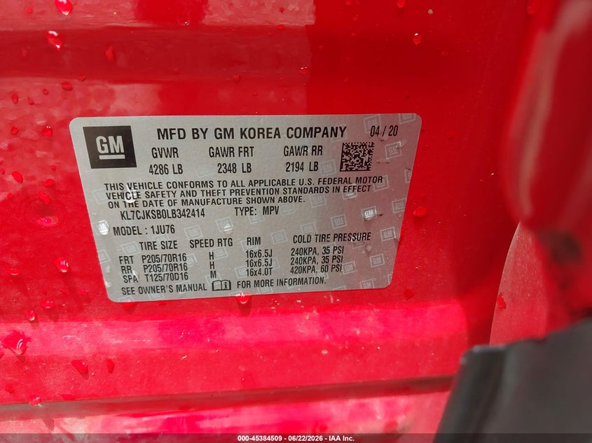 2020 Chevrolet Trax VIN KL7CJKSB0LB342414 IAAI salvage auction — SIDE, Salvage (Virginia), sold $1,375 on 2026-07-07 (photo 9)