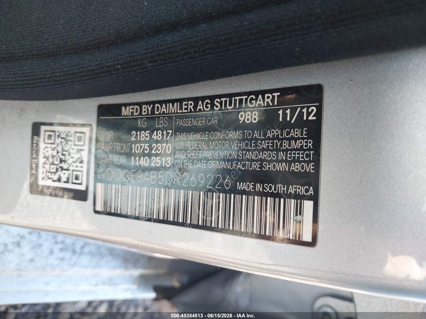 2013 Mercedes-benz C-klasse VIN WDDGF8AB5DR269226 IAAI salvage auction — NORMAL WEAR, Clear (New York), sold $1,000 on 2026-07-14 (photo 9)
