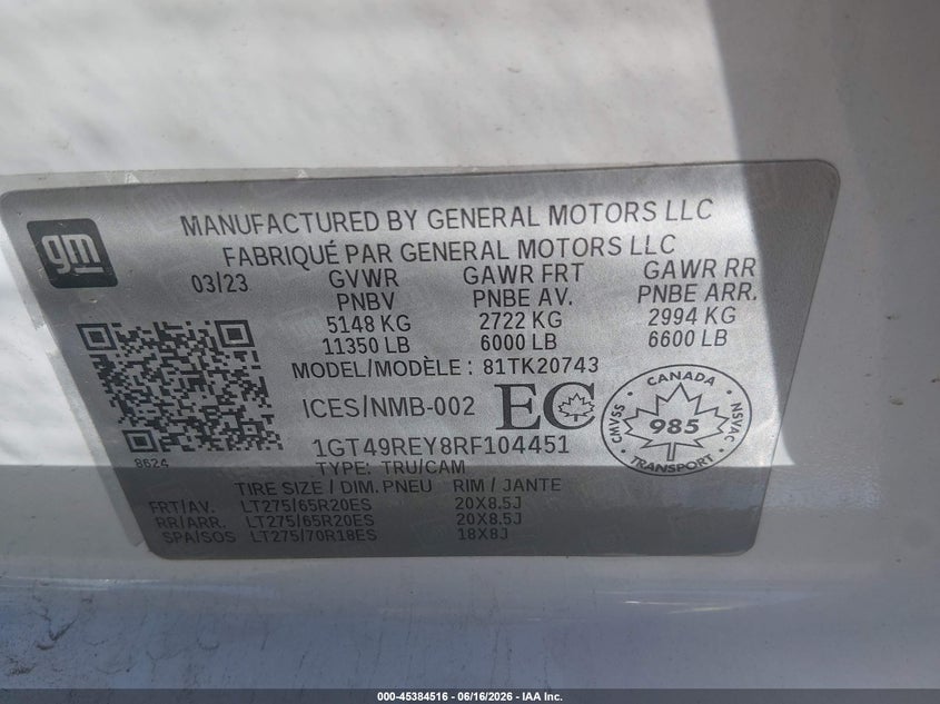 2024 Gmc SIERRA VIN 1GT49REY8RF104451 IAAI salvage auction — RIGHT FRONT, Salvage Title, sold $16,100 on 2026-07-30 (photo 8)