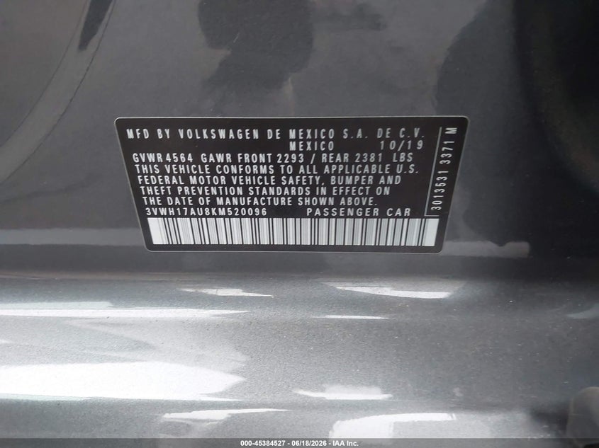 2019 Volkswagen Golf VIN 3VWH17AU8KM520096 IAAI salvage auction — LEFT & RIGHT, Salvage Title, sold $1,575 on 2026-08-14 (photo 9)