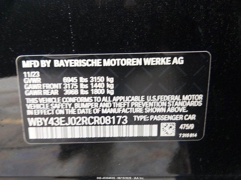 2024 BMW I7 VIN WBY43EJ02RCR08173 IAAI salvage auction — FRONT & REAR, Original (Texas), sold $17,625 on 2026-09-22 (photo 9)