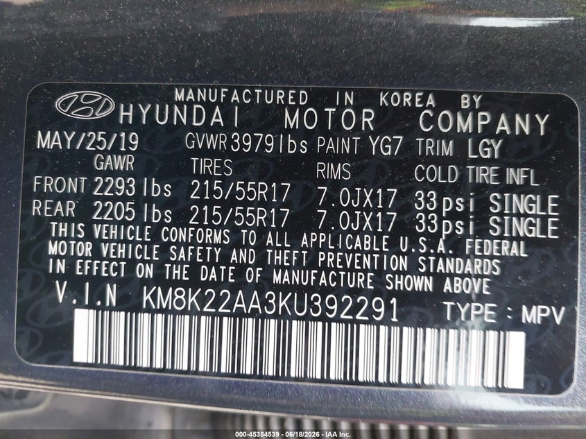 2019 Hyundai Kona VIN KM8K22AA3KU392291 IAAI salvage auction — REAR END, Salvage - 75% Or Less (Maryland), sold $4,150 on 2026-07-15 (photo 9)
