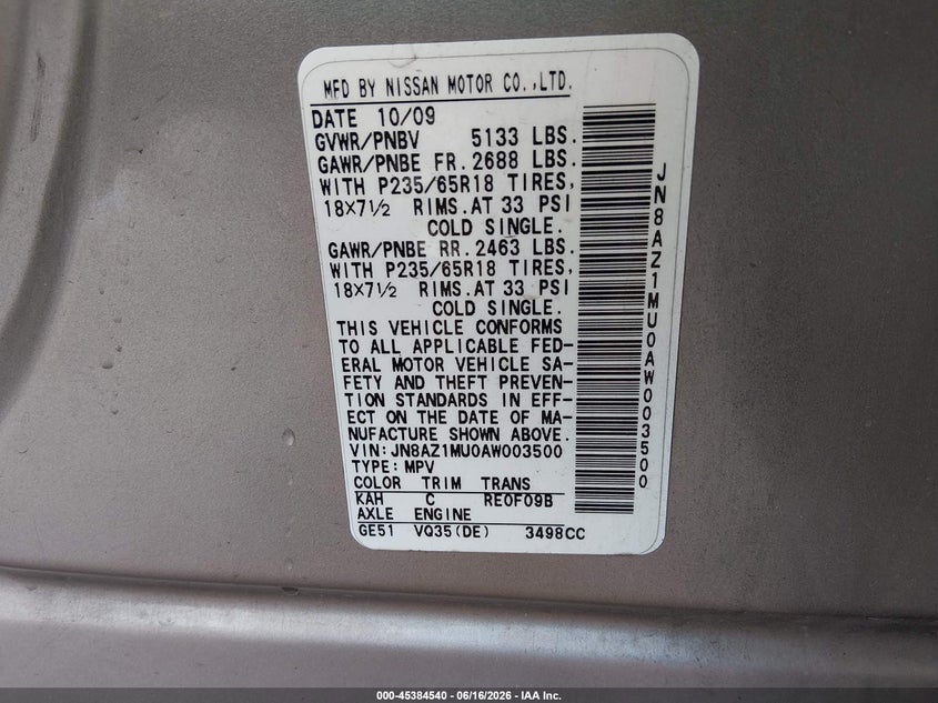 2010 Nissan Murano VIN JN8AZ1MU0AW003500 IAAI salvage auction — FRONT END, Salvage (Texas), sold $300 on 2026-07-24 (photo 9)