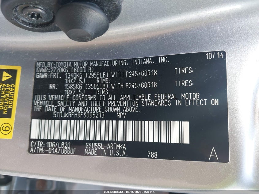 2015 Toyota Highlander VIN 5TDJKRFH9FS095213 IAAI salvage auction — REAR END, Salvage (Idaho), sold $5,400 on 2026-07-09 (photo 9)