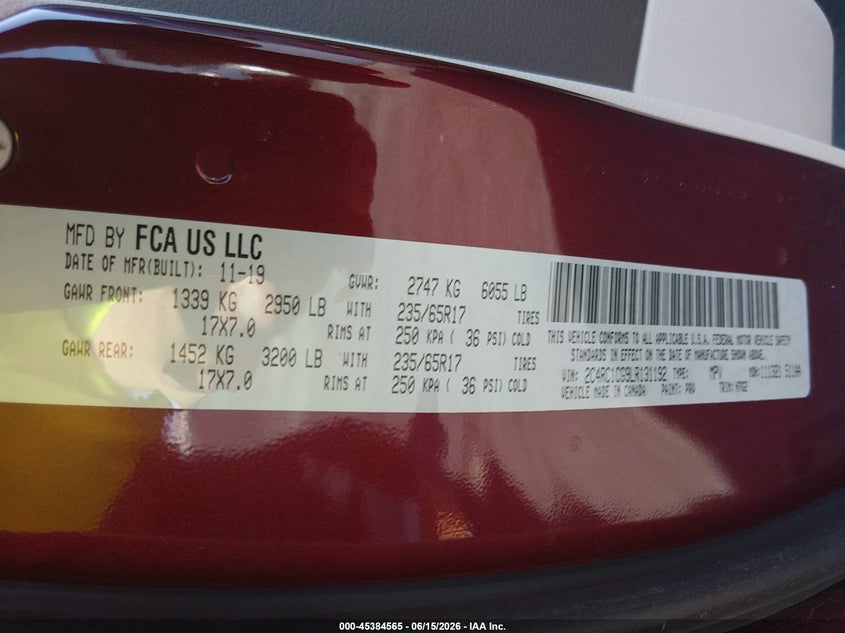 2020 Chrysler Voyager VIN 2C4RC1CG9LR131192 IAAI salvage auction — REAR END, Clear (Louisiana), sold $2,350 on 2026-07-24 (photo 9)
