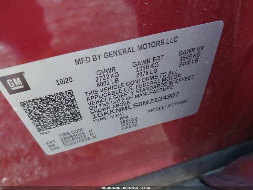 2021 Gmc Acadia VIN 1GKKNMLS8MZ134307 IAAI salvage auction — FRONT END, Salvage (Indiana), sold $6,300 on 2026-08-20 (photo 9)