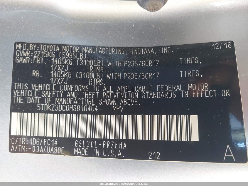 2017 Toyota Sienna VIN 5TDKZ3DC0HS810404 IAAI salvage auction — FRONT END, Salvage (Ohio), sold $25 on 2026-07-27 (photo 9)